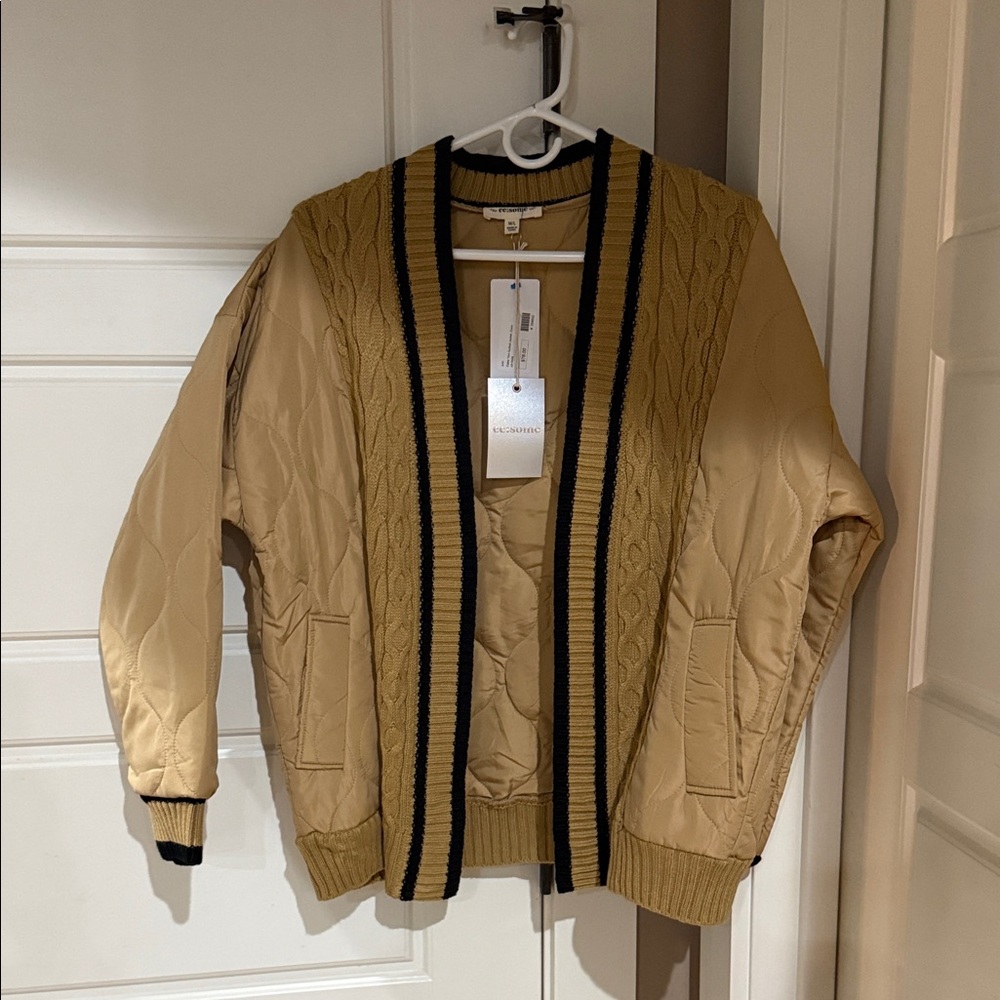 eesome Tan Quilted Bomber Jacket with Black Trim